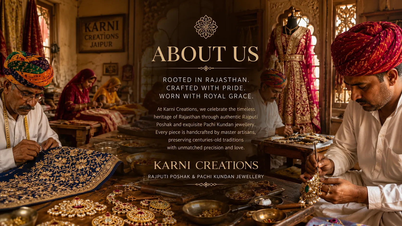 Karni Creations artisans in Jaipur hand-stitching gota work on a poshak and setting kundan jewellery