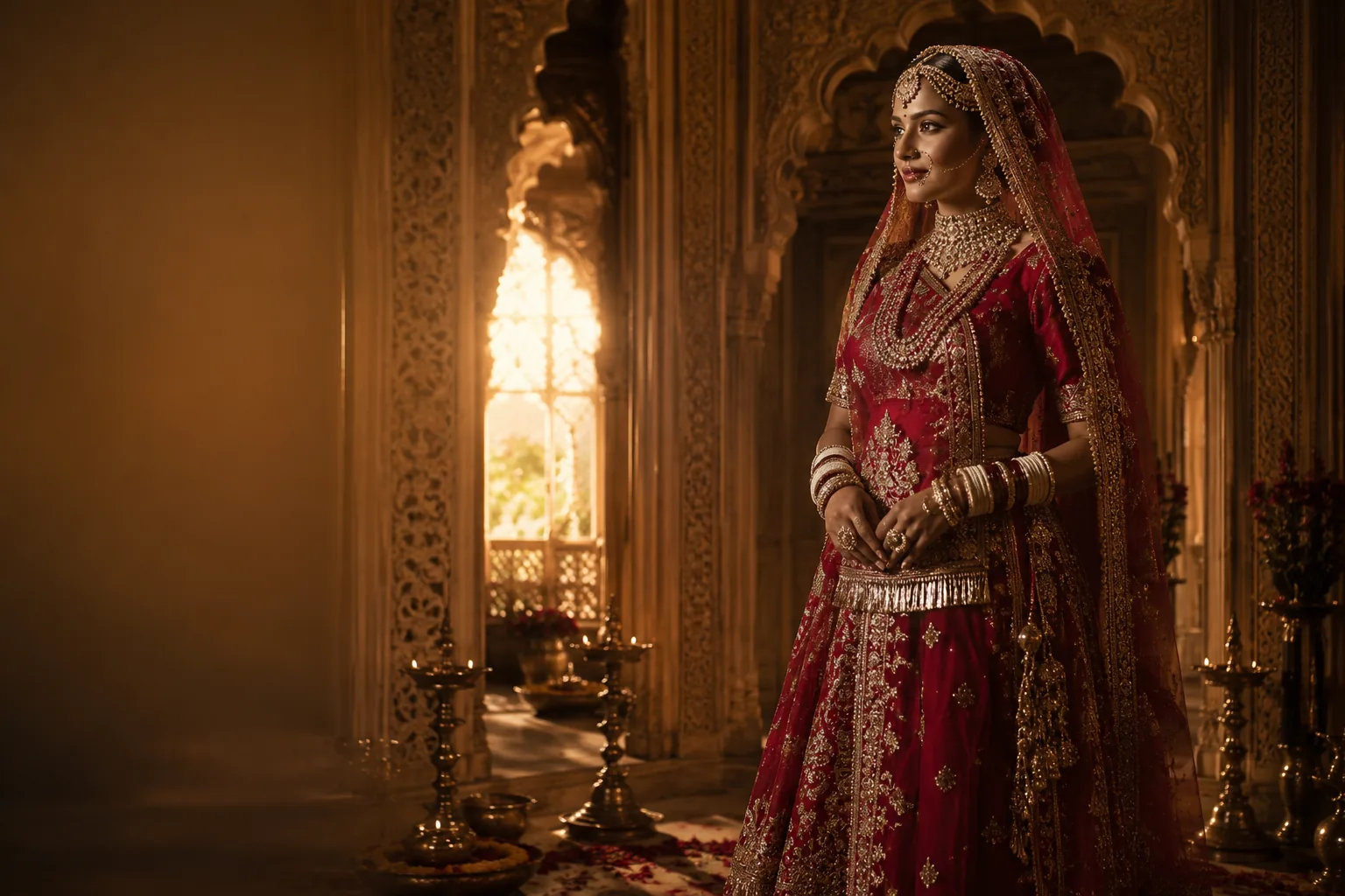 Bride wearing a maroon Rajputi poshak