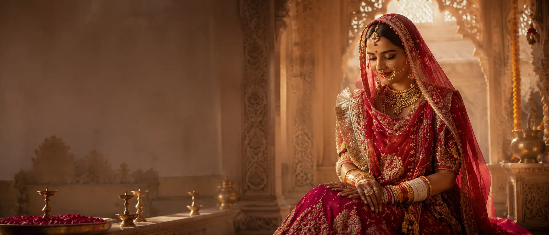 Bride in a red Rajputi poshak with gota border, kundan jewellery and bridal choora